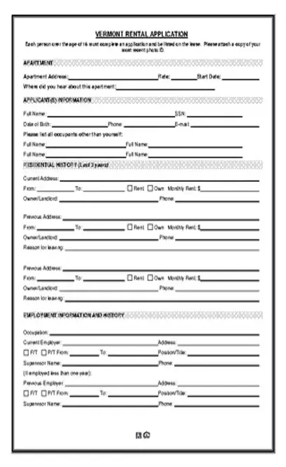 Vermont Rental Application Form