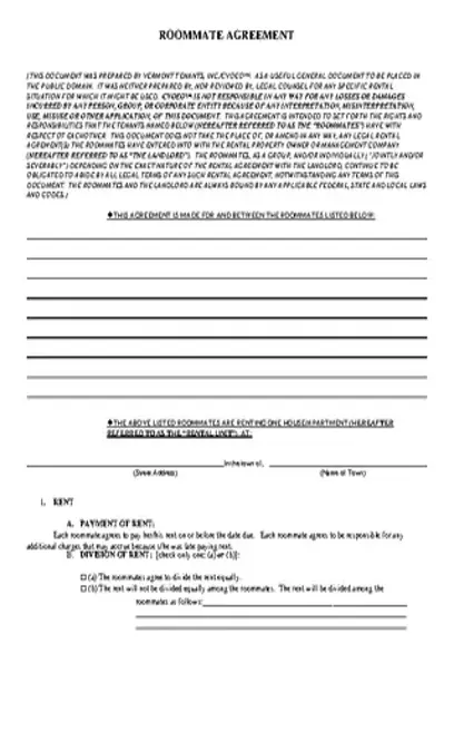 Vermont Roommate Agreement Form