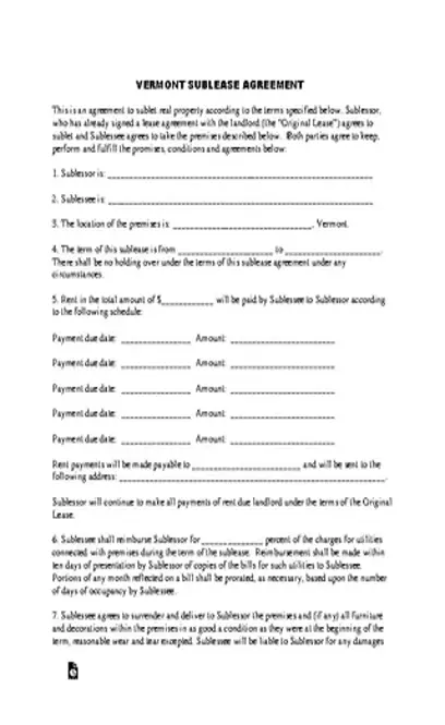 Vermont Sublease Agreement Form