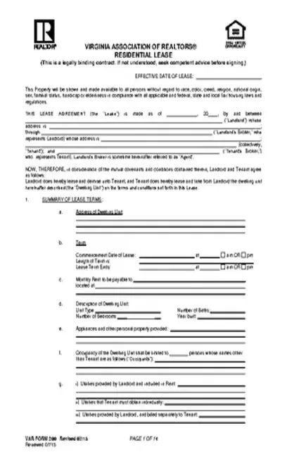 Virginia Association Of Realtors Residential Lease Agreement