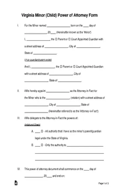 Virginia Minor Child Parental Power Of Attorney Template