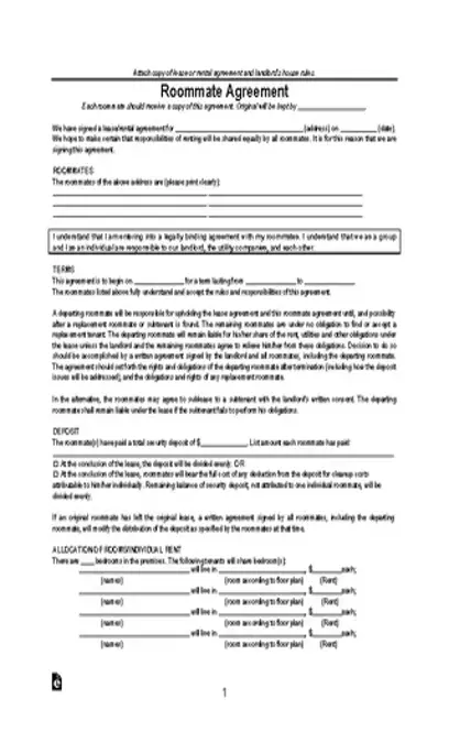 Virginia Roommate Agreement Form