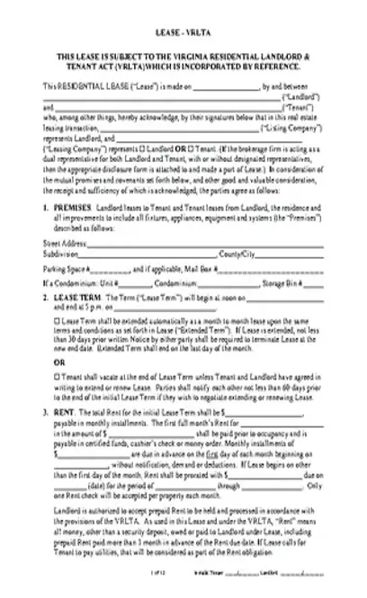 Virginia Standard Residential Lease Agreement Form 1