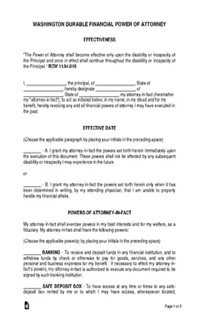 Washington Durable Financial Power Of Attorney Form