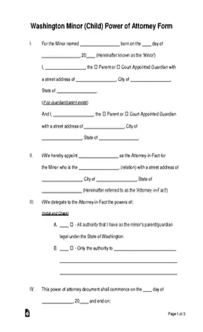 Washington Minor Child Parental Power Of Attorney Template