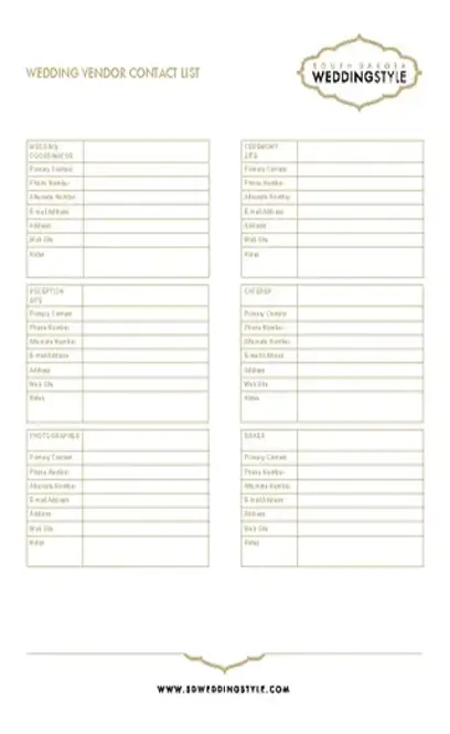 Wedding Vendor Contact List Template