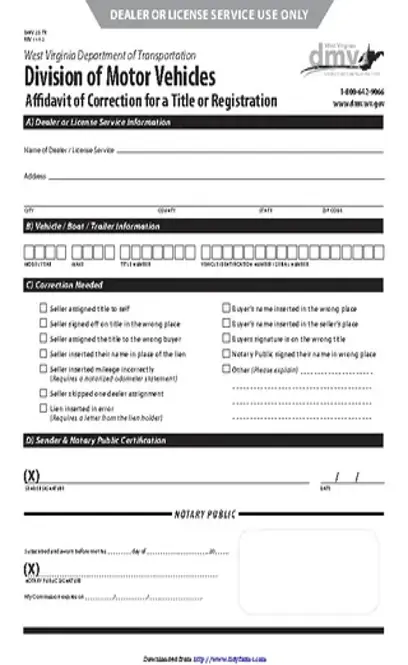 West Virginia Affidavit Of Correction For A Title Or Registration Form