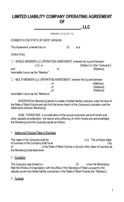 West Virginia Llc Operating Agreement Template