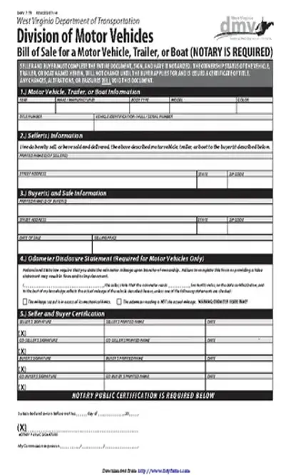 West Virginia Motor Vehicle Bill Of Sale Form 1