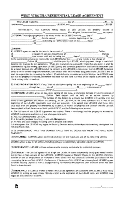 West Virginia Residential Lease Agreement Form