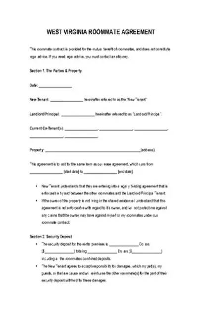 West Virginia Roommate Agreement Form