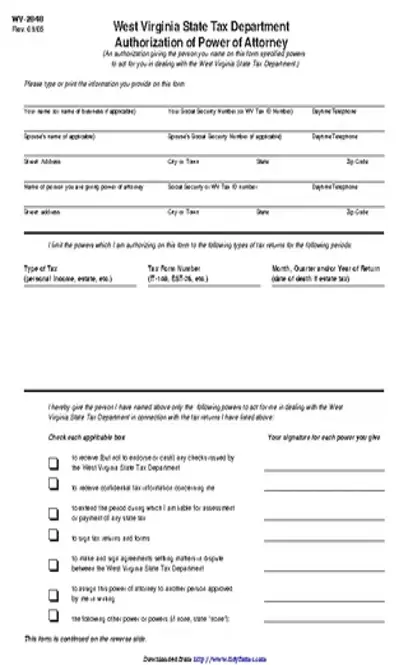 West Virginia Tax Power Of Attorney Form