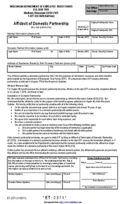 Wisconsin Affidavit Of Domestic Partnership