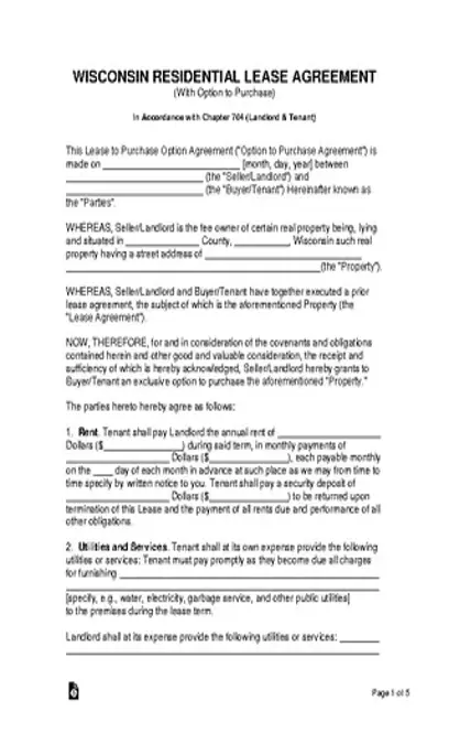 Wisconsin Residential Lease With Option To Purchase Form