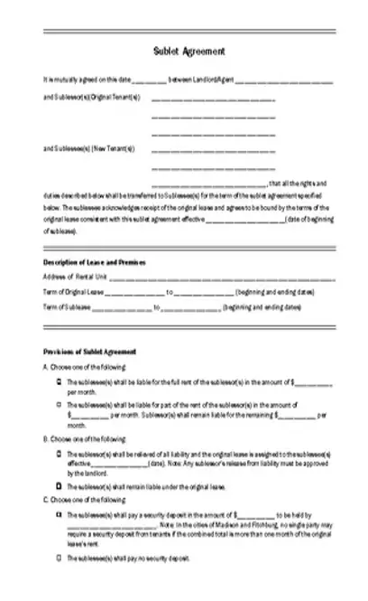 Wisconsin Sublease Agreement Form