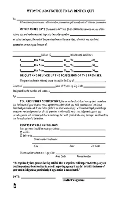 Wyoming 3 Day Notice To Quit Form