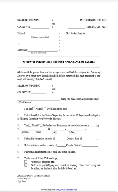 Wyoming Affidavit For Divorce Without Appearance Of Parties No Children Form