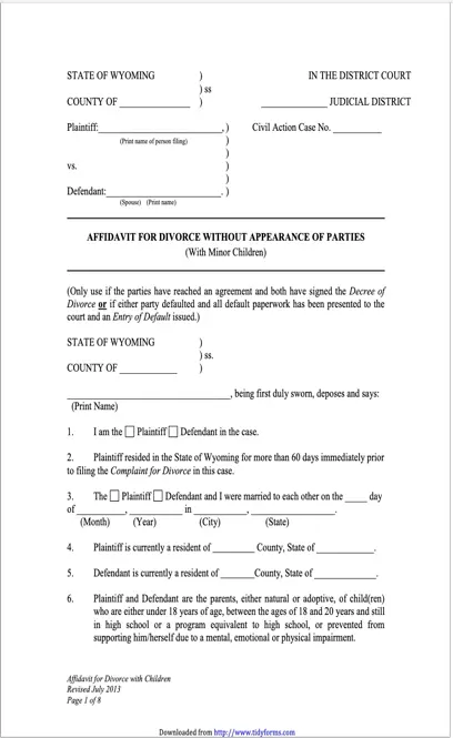 Wyoming Affidavit For Divorce Without Appearance Of Parties With Minor Children Form