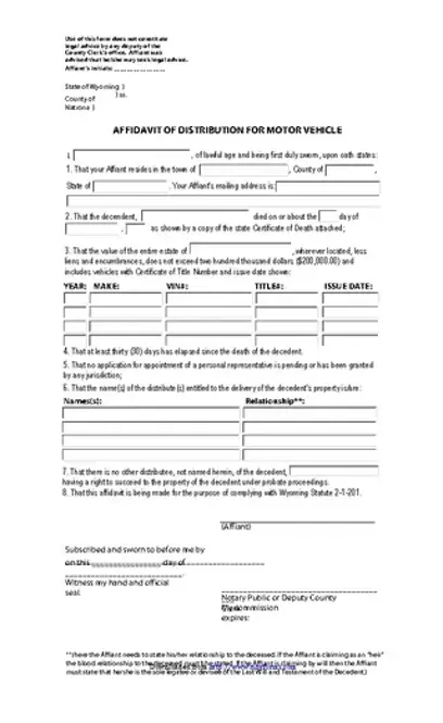 Wyoming Affidavit Of Distribution For Motor Vehicle Form