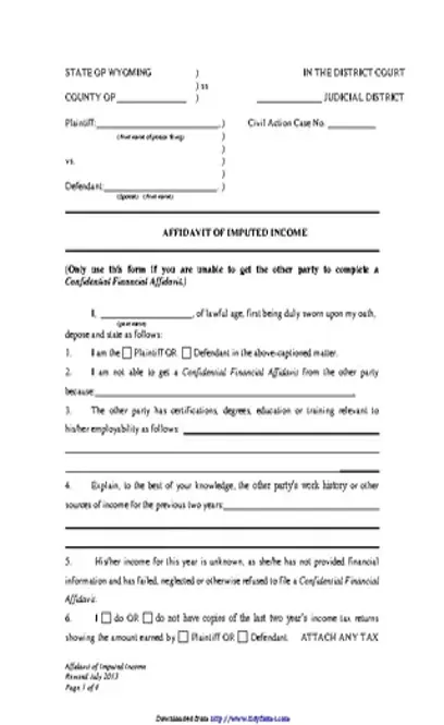 Wyoming Affidavit Of Imputed Income Form