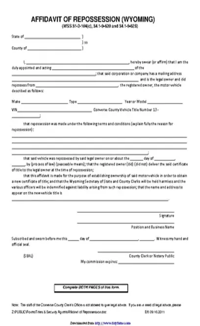 Wyoming Affidavit Of Repossession Form