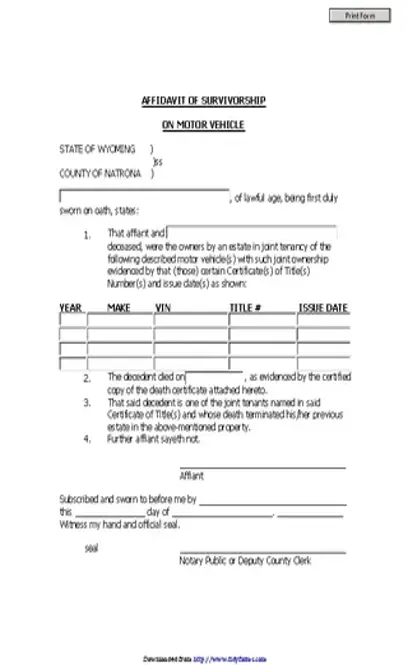 Wyoming Affidavit Of Survivorship On Motor Vehicle Form