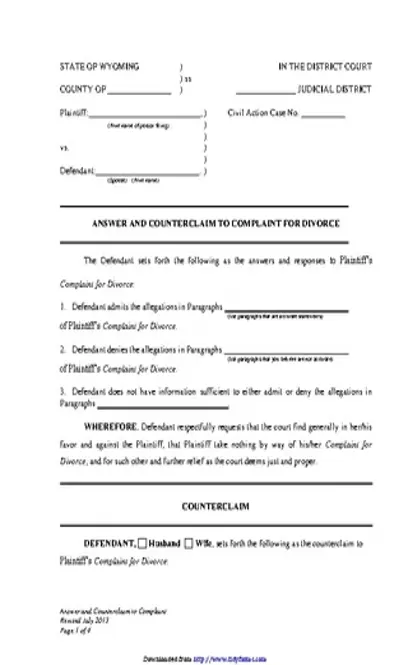 Wyoming Answer And Counterclaim To Complaint For Divorce No Children Form