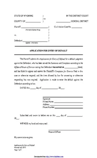 Wyoming Application For Entry Of Default Form