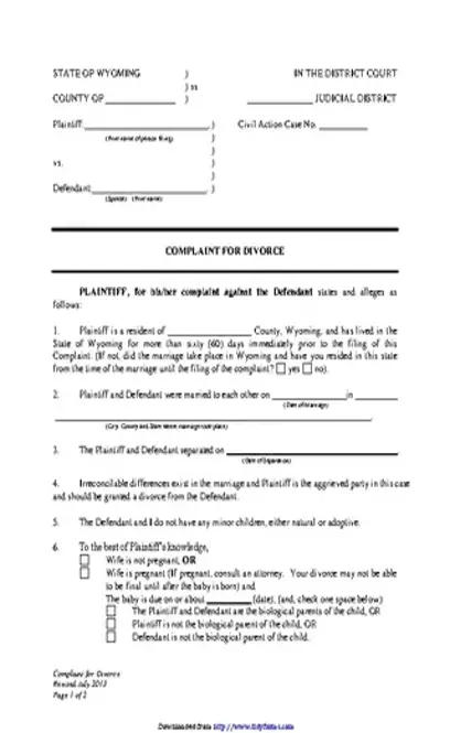 Wyoming Complaint For Divorce No Children Form