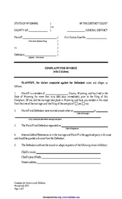 Wyoming Complaint For Divorce With Children Form