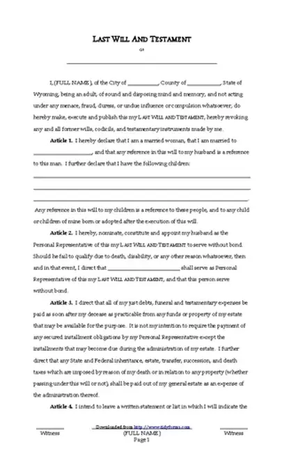 Wyoming Last Will And Testament Form