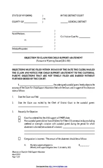 Wyoming Objection To Claim For Child Support Abatement Form