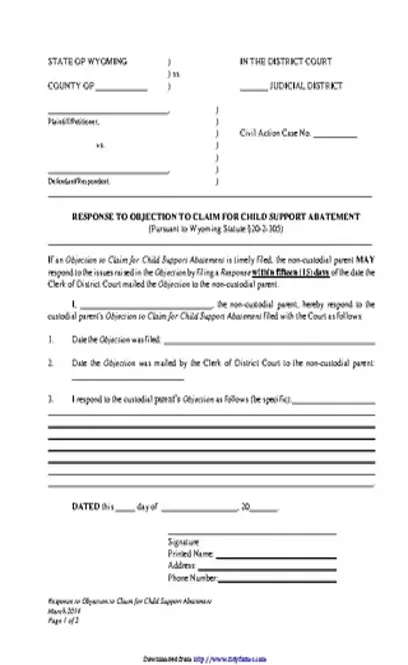 Wyoming Response To Objection To Claim For Child Support Abatement Form