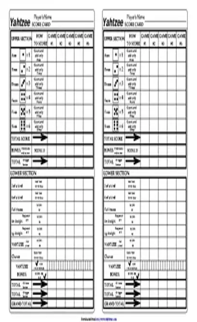 Yahtzee Score Cards