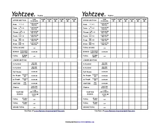 Yahtzee Score Sheets